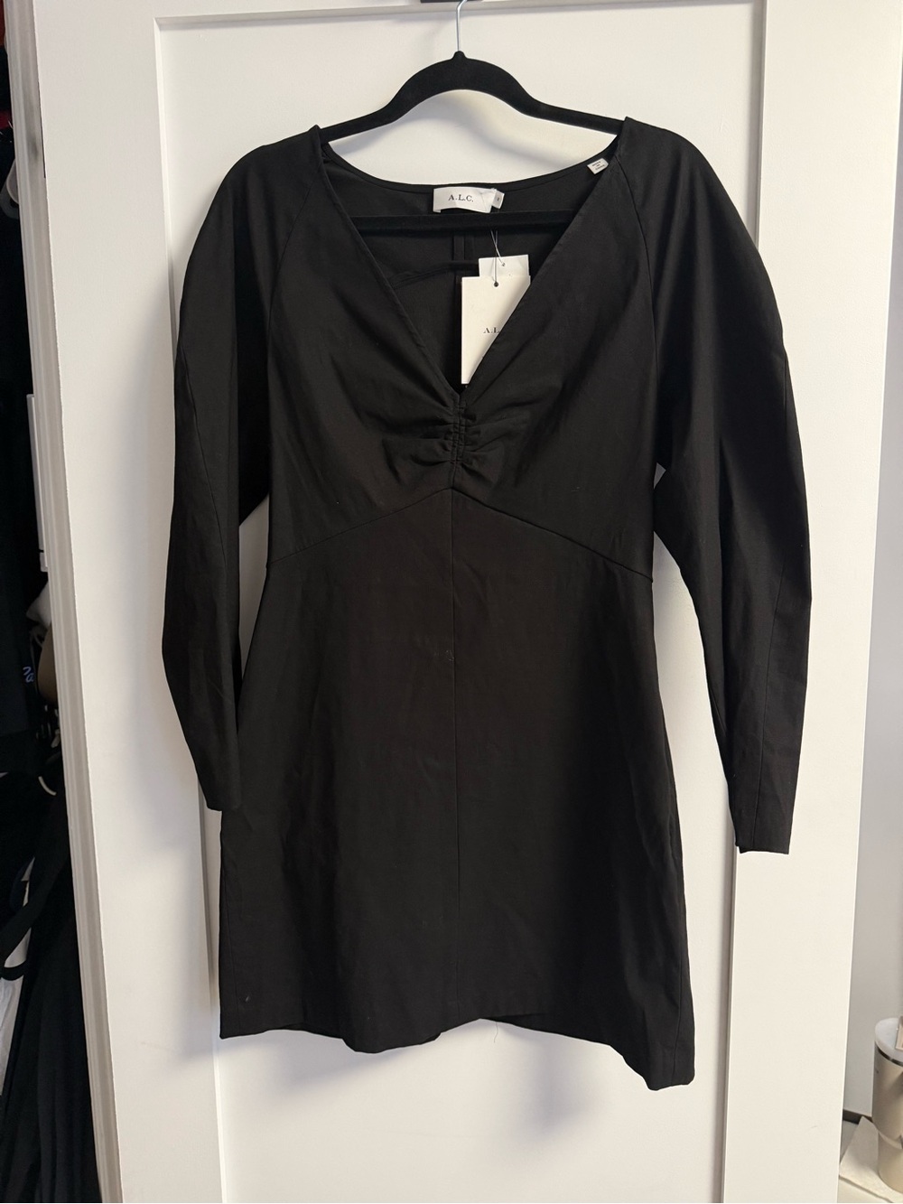 A.L.C. Black Linen V-Neck Long Sleeve Mini Dress